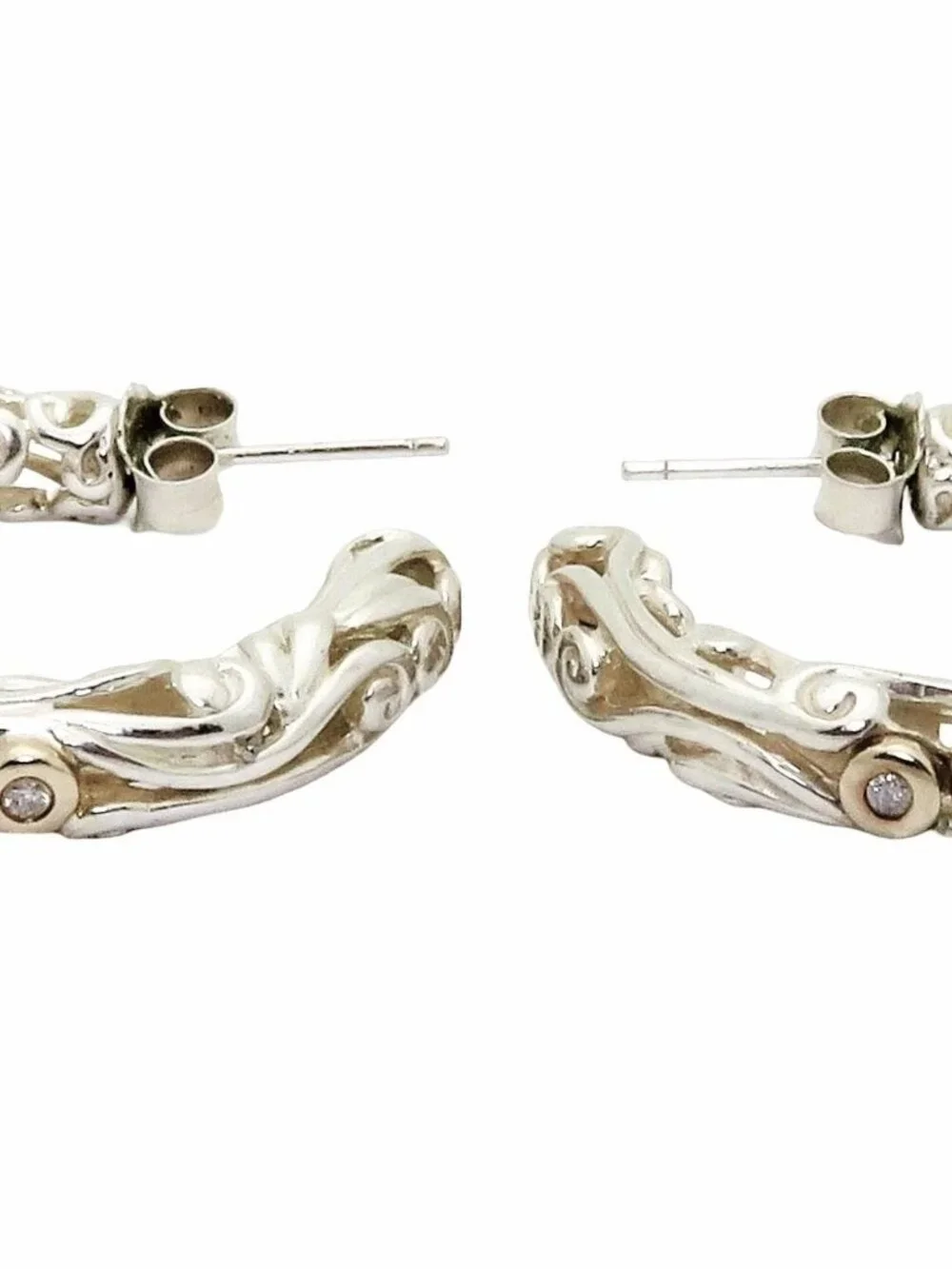 Vintage ATR 925 Sterling Silver & 14K Gold Diamond Filigree Hoop Earrings 10.3g